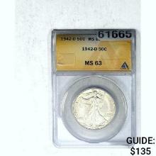 1942-D Walking Liberty Half Dollar ANACS MS63 SILVER