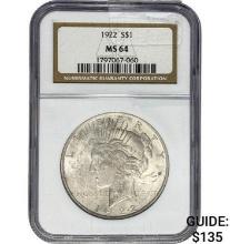 1922 Peace Dollar NGC MS64 SILVER