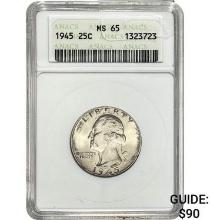 1945 25C Washington Quarter ANACS MS65