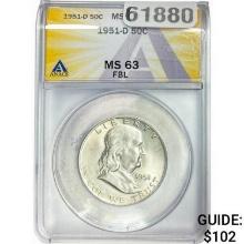 1951-D Franklin Half Dollar ANACS MS63 FBL