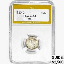 1920-D Mercury Silver Half Dime PGA MS64 FSB