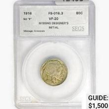 1916 Buffalo Nickel SEGS VF20 FS-016.3 No "F"