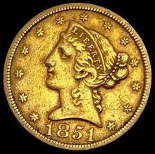 1851 Liberty Head Half Eagle $5 NEARLY UNCIRCULATED