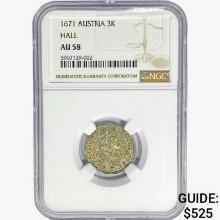 1671 Austria 3 Kreuzer Hall .0519oz. SILV NGC AU58