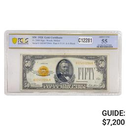 1928 $50 GOLD CERTIFICATE PCGS ABOUT UNC-55