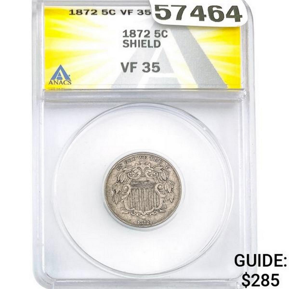 1872 Shield Nickel ANACS VF35