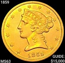 1859 $5 Gold Half Eagle CHOICE BU