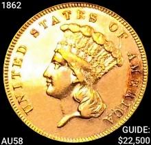 1862 $3 Gold Piece CHOICE AU