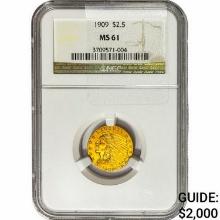 1909 $2.50 Gold Quarter Eagle NGC MS61