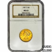 1901 $5 Gold Half Eagle NGC MS63