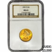 1901-S $5 Gold Half Eagle NGC MS63