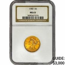 1900 $5 Gold Half Eagle NGC MS63