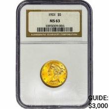 1901 $5 Gold Half Eagle NGC MS63