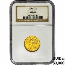 1905 $5 Gold Half Eagle NGC MS63