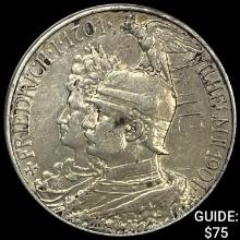 1901 Prussia Silver 2 Reichsmark CLOSELY UNCIRCULATED
