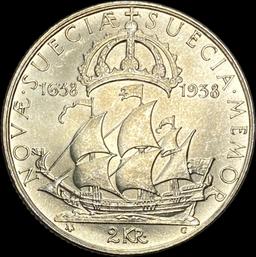 1938 Sweden Silver 2 Kronor UNCIRCULATED