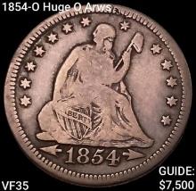 1854-O Huge O Arws Seated Liberty Quarter ABOUT UNCIRCULATED
