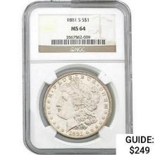 1881-S Morgan Silver Dollar NGC MS64  MS64