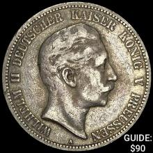 1894-A Prussia Silver 5 Reichsmark NEARLY UNCIRCULATED