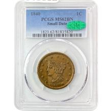 1840 Sm Dt Braided Hair Large Cent PCGS MS62 BN CAC