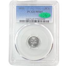 1853 Silver Three Cent PCGS MS65 CAC GEM