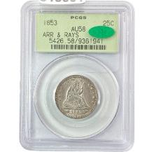 1853 Arrows and Rays Seated Liberty Quarter PCGS AU58 CAC OGH PQ