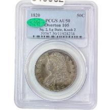 1820 O-105 Sq 2, Lg Dt, Knob 2 Capped Bust Half Dollar PCGS AU50 CAC PQ COLOR