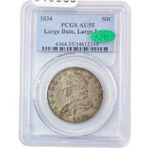 1834 Lg Dt, Lg Let Capped Bust Half Dollar PCGS AU55 CAC PQ