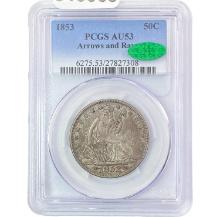 1853 Arrows and Rays Seated Liberty Half Dollar PCGS AU53 CAC