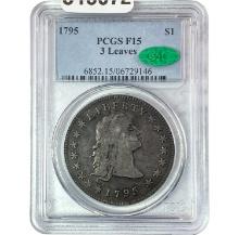 1795 3 Leaves Flowing Hair Dollar PCGS F15 CAC PQ