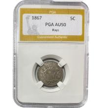 1867 Shield Nickel Rays PGA AU50