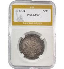 1874 50C Seated Liberty Arrows Half PGA MS63