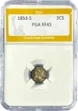 1853-S Three Cent Silver PGA XF45