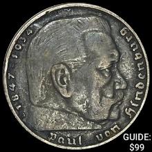 1938-A German Silver 5 Reichsmark NEARLY UNCIRCULATED