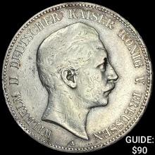 1902-F Germany Silver 5 Reichsmark NEARLY UNCIRCULATED
