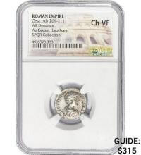 Roman Geta, AD 209-211 Silver Denarius NGC Ch VF