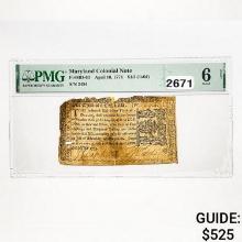 1774 $1/3 Maryland Colonial Note PMG 6 G