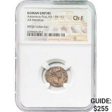 Roman Antoninus Pius, AD 138-161 Silver Denarius NGC Ch F