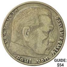 1936-A Germany Silver 5 Reichsmark NEARLY UNCIRCULATED
