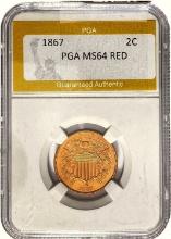 1867 Two Cent Piece PGA MS64 RED