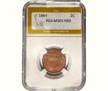 1864 Two Cent Piece PGA MS65 RED