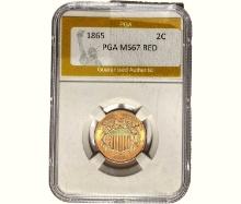 1865 Two Cent Piece PGA MS67 RED