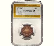 1867 Two Cent Piece PGA MS65 RB