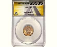 1901 Indian Head Cent ANACS MS62 RB