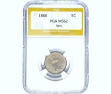 1866 Shield Nickel PGA MS62 Rays