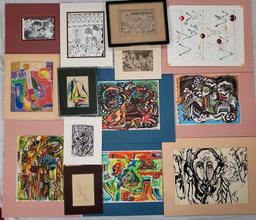 Tray of 14 Phyllis Trager Hyman Original Matted and Framed Drawings, Watercolors, Print and More