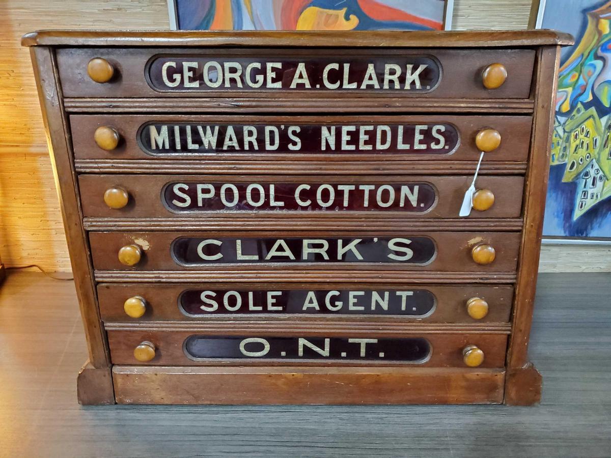 Antique Clarks 6-Drawer Spool Cabinet with Orig. Glass Drawer Fronts