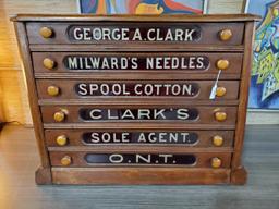 Antique Clarks 6-Drawer Spool Cabinet with Orig. Glass Drawer Fronts