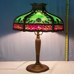 1920s Edward Miller EM & Co Lamp Co Two Tone Caged Slag Glass Shade Table Lamp