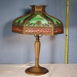 1920s Edward Miller EM & Co Lamp Co Two Tone Caged Slag Glass Shade Table Lamp